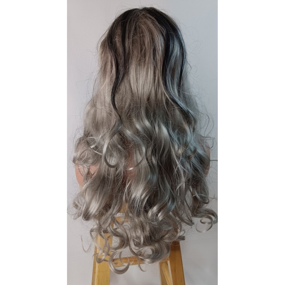 Curly Wavy Long synthetic Black Gray Silver Highlights middle Part hair wig 27" - Picture 2 of 11
